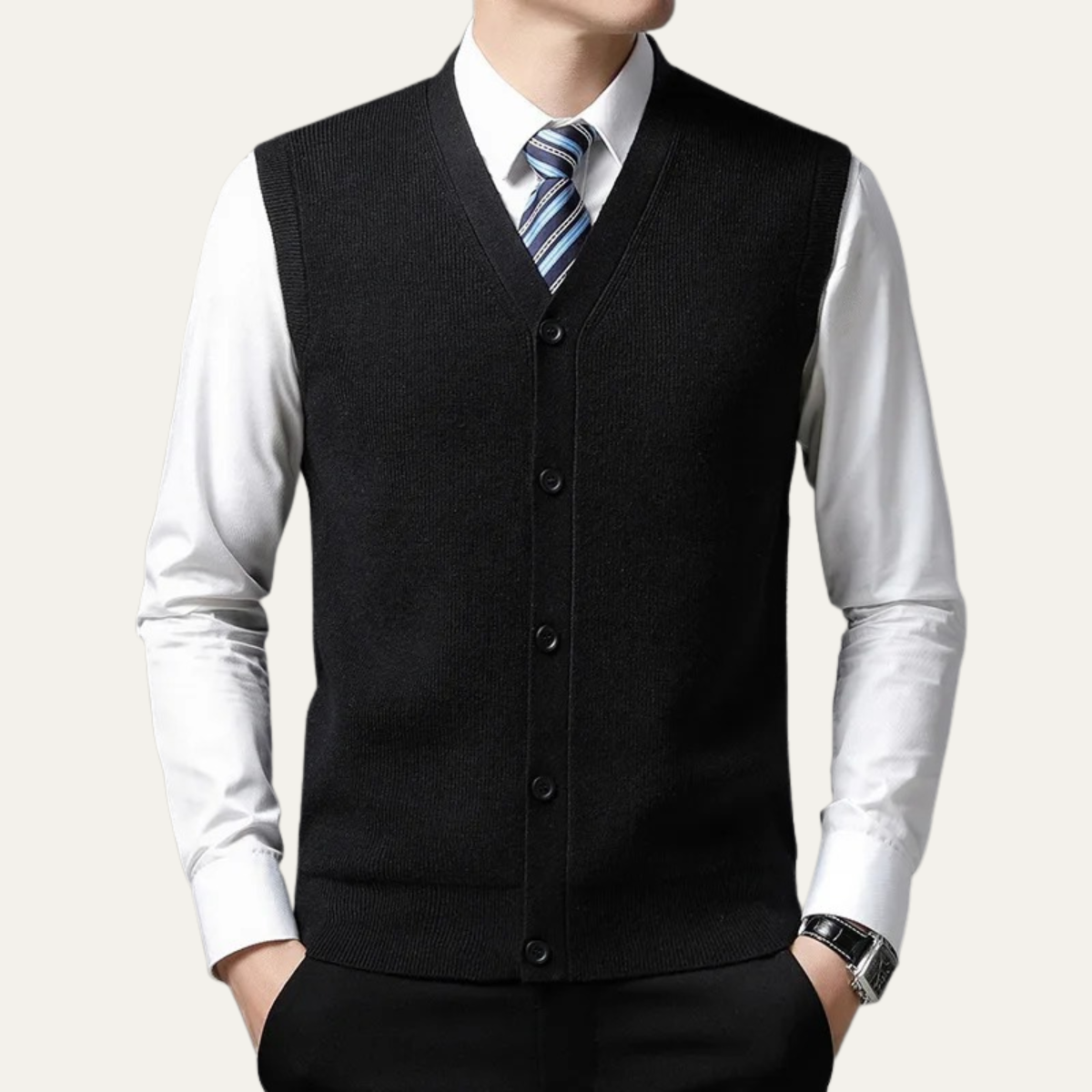 Black button front sweater vest for men.