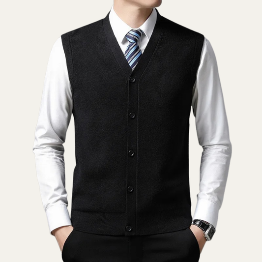 Black button front sweater vest for men.