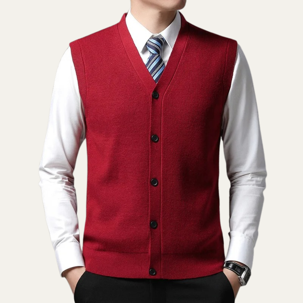 Burgundy button front sweater vest for men.