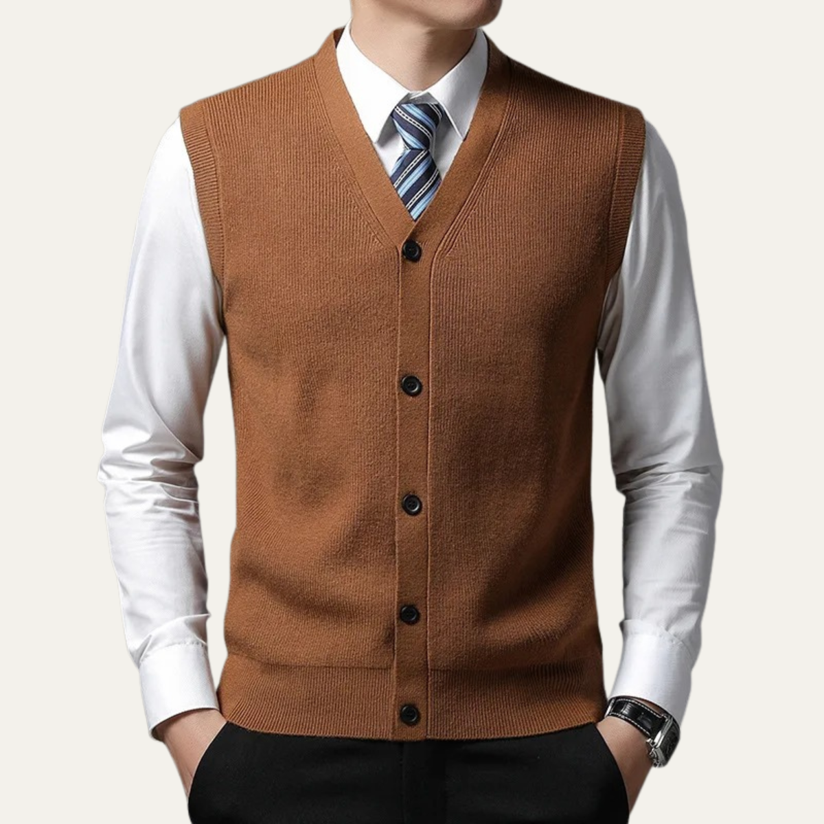 Camel button front sweater vest for men.