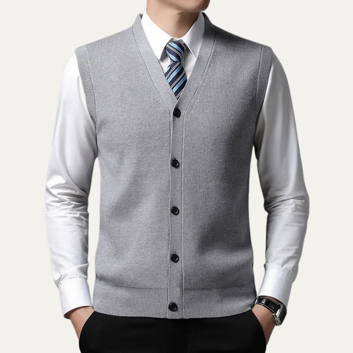 Gray button front sweater vest for men.
