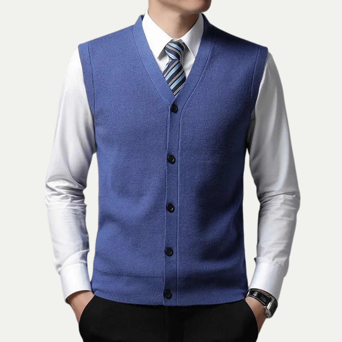 Royal Blue button front sweater vest for men.