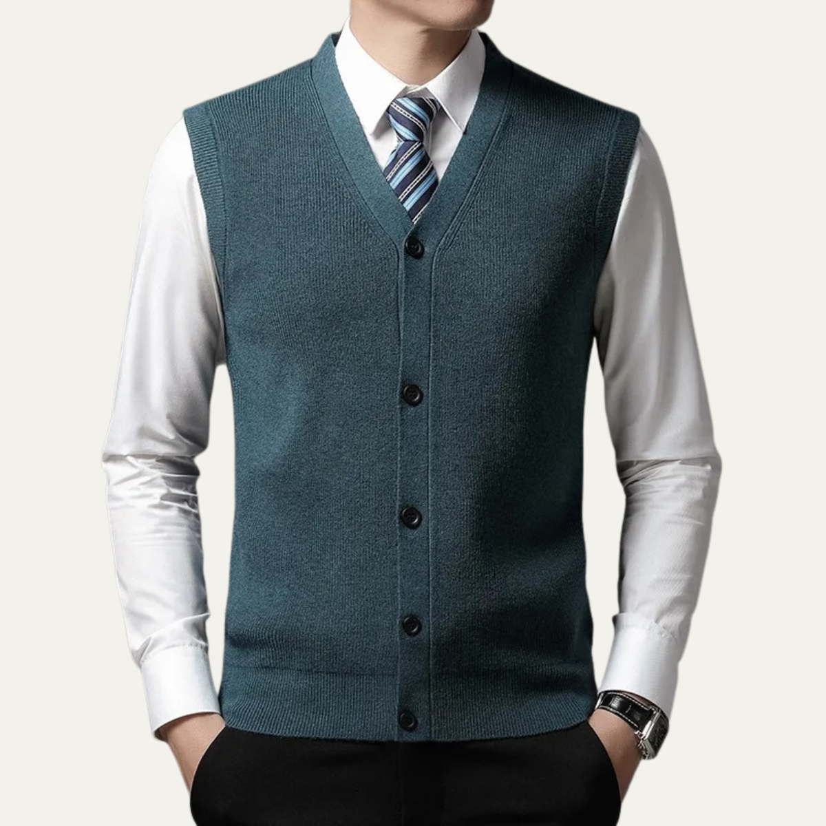 Teal button front sweater vest for men.
