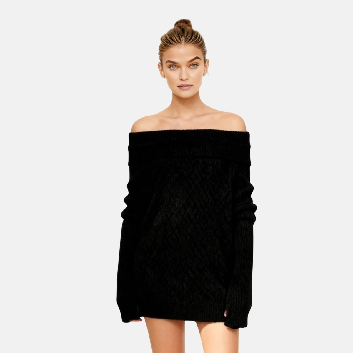 Woman wearing a black off shoulder oversized ribbed knit sweater