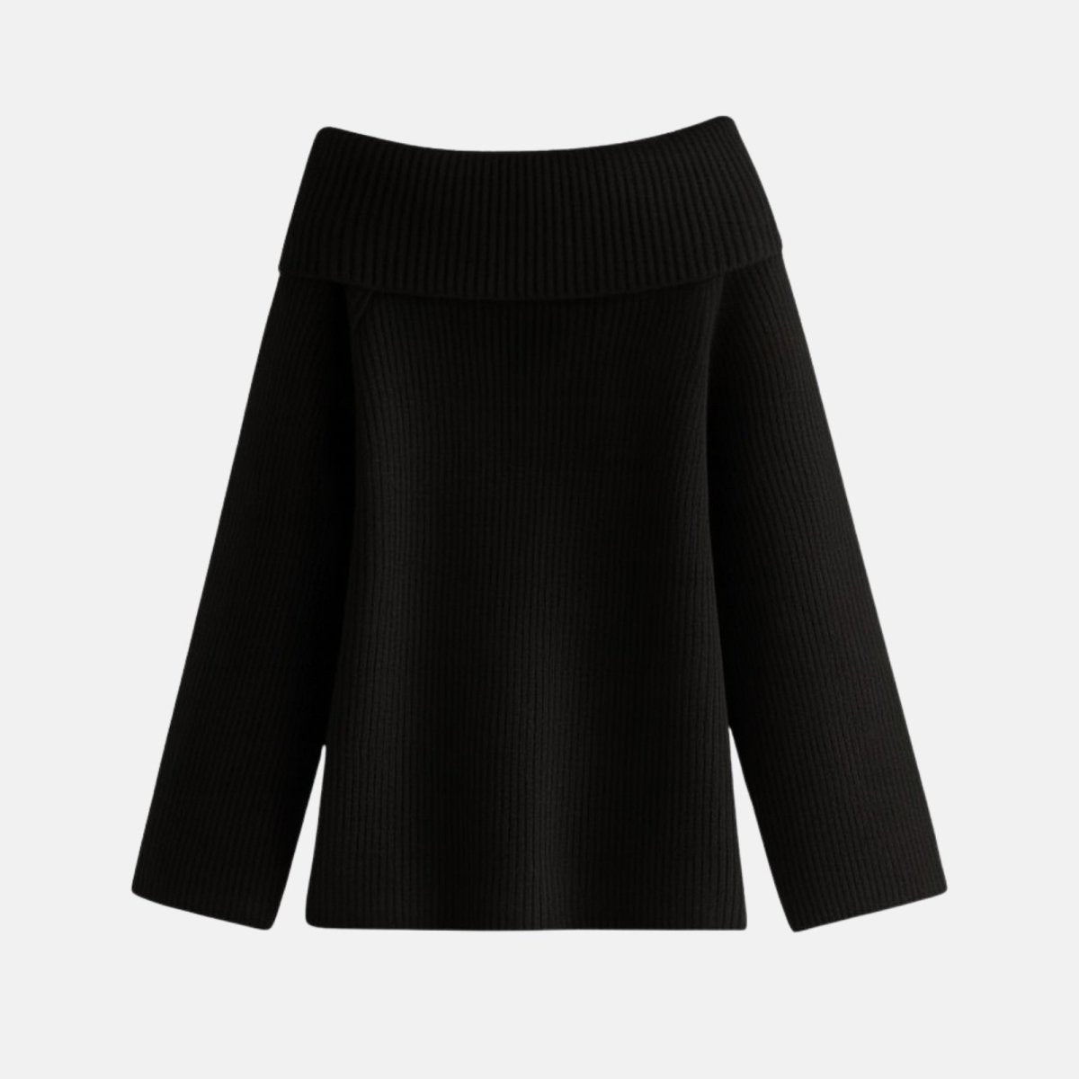 Woman wearing a black off shoulder oversized ribbed knit sweater