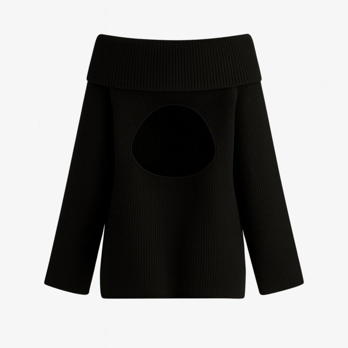 Woman wearing a black off shoulder oversized ribbed knit sweater