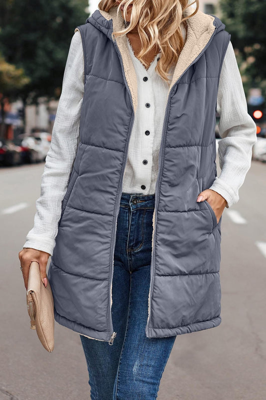 Dark Gray reversible hooded vest for women.