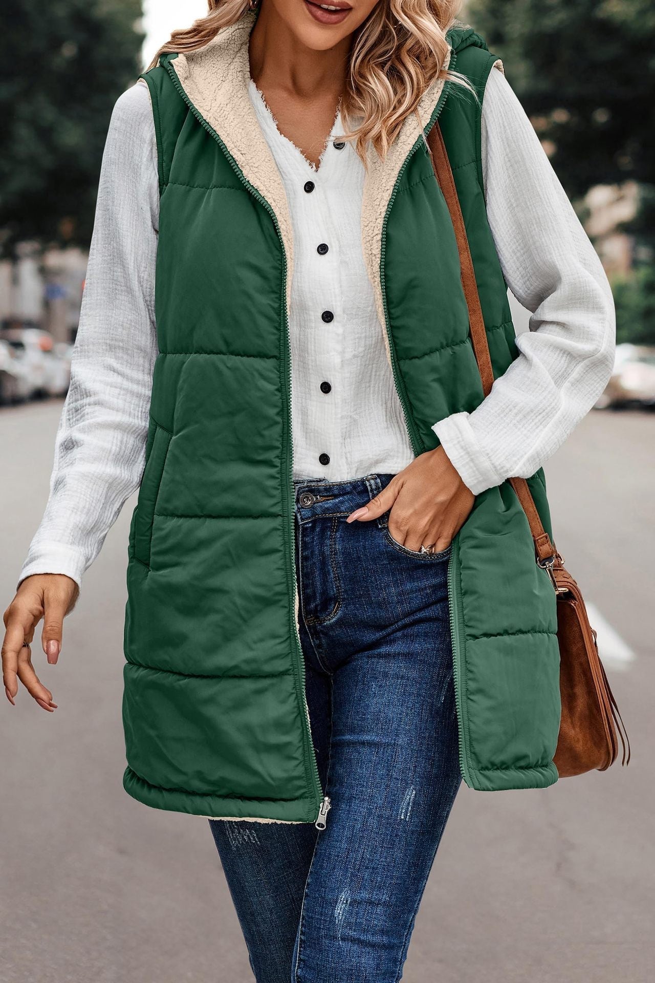 Forest Green reversible hooded vest for women.