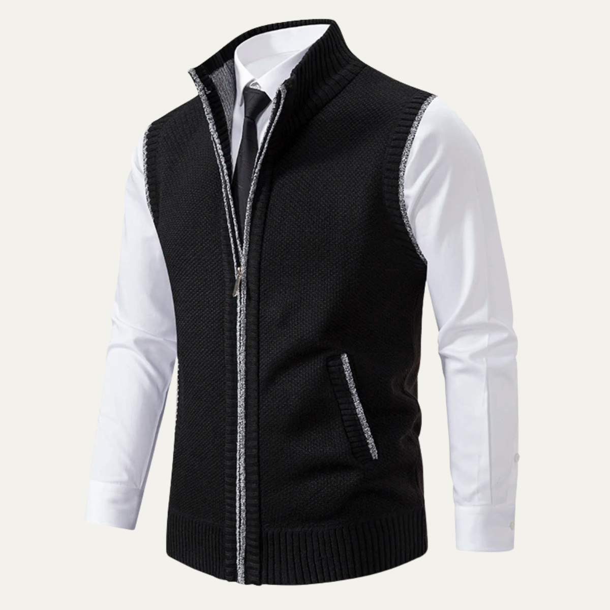 Black zip up sweater vest for men.