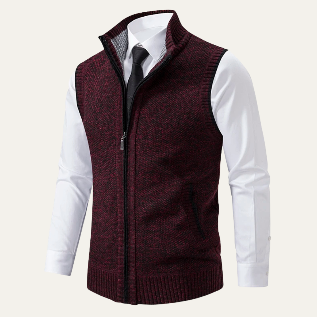 Burgundy zip up sweater vest for men.