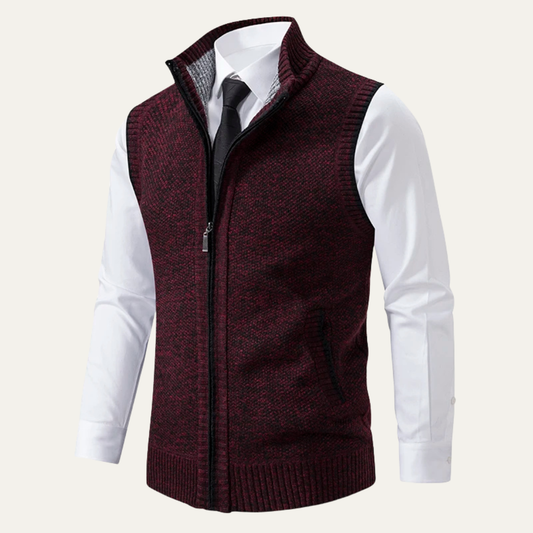 Burgundy zip up sweater vest for men.