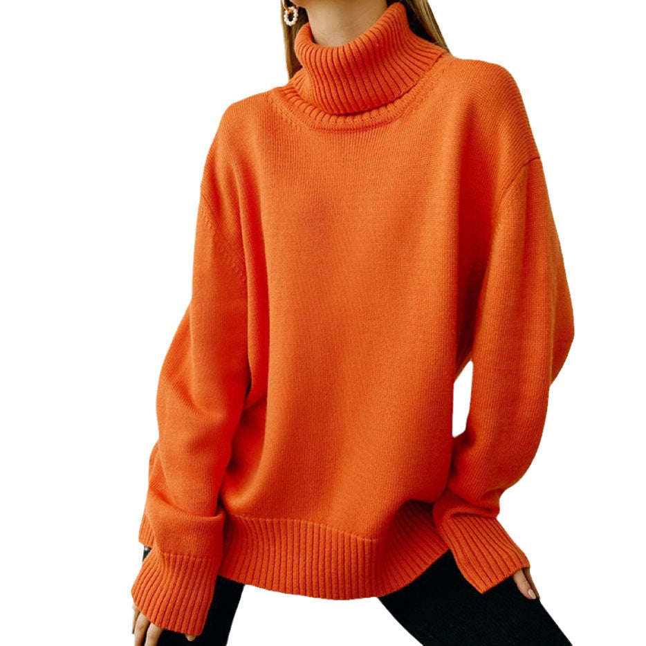 Woman wearing an oversized turtleneck knit sweater