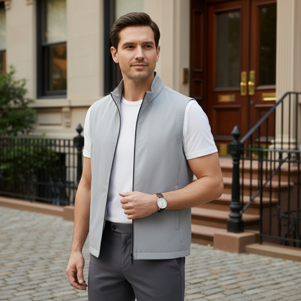 Lightweight Zip Vest for men, detail view.