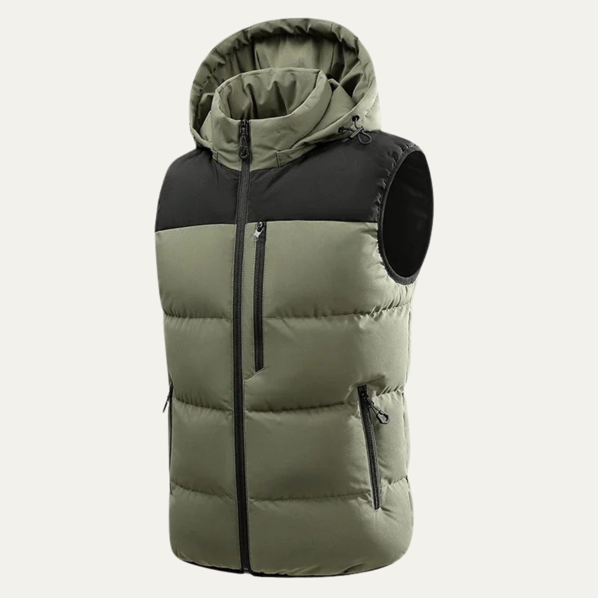 Army Green hooded puffer vest for men.