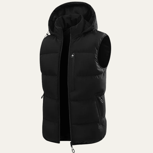 Black hooded puffer vest for men.