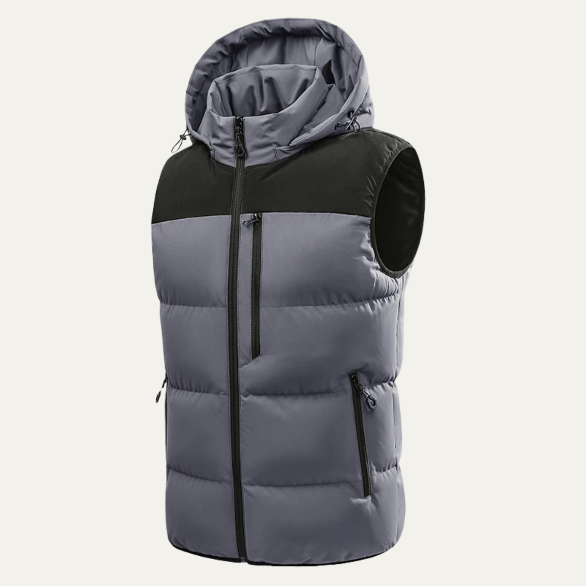 Gray hooded puffer vest for men.