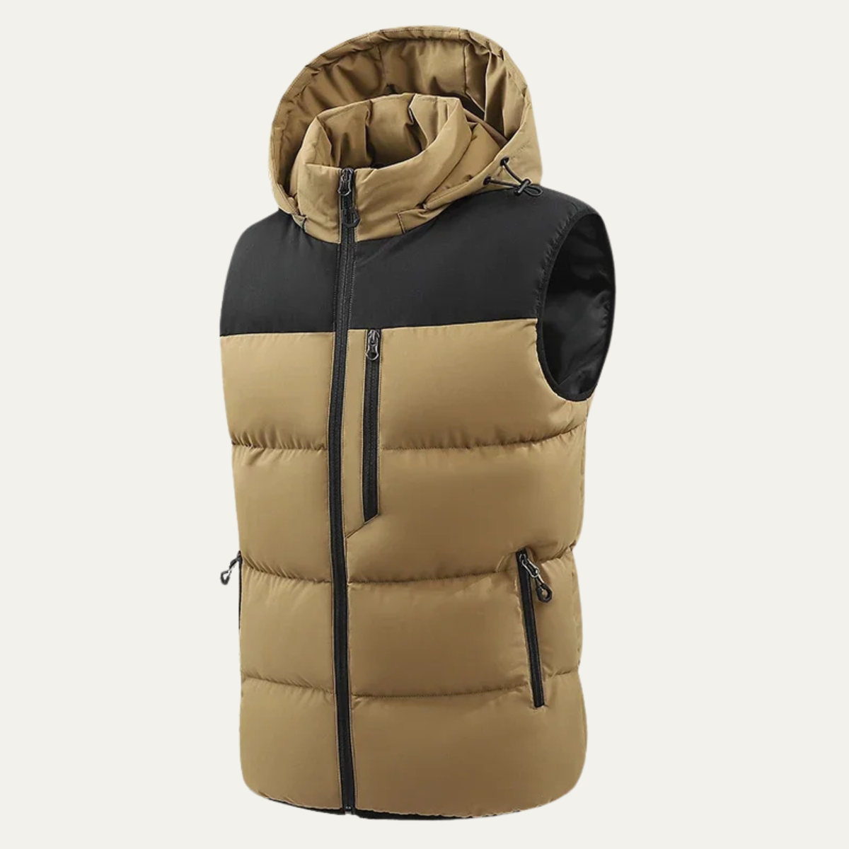 Khaki hooded puffer vest for men.