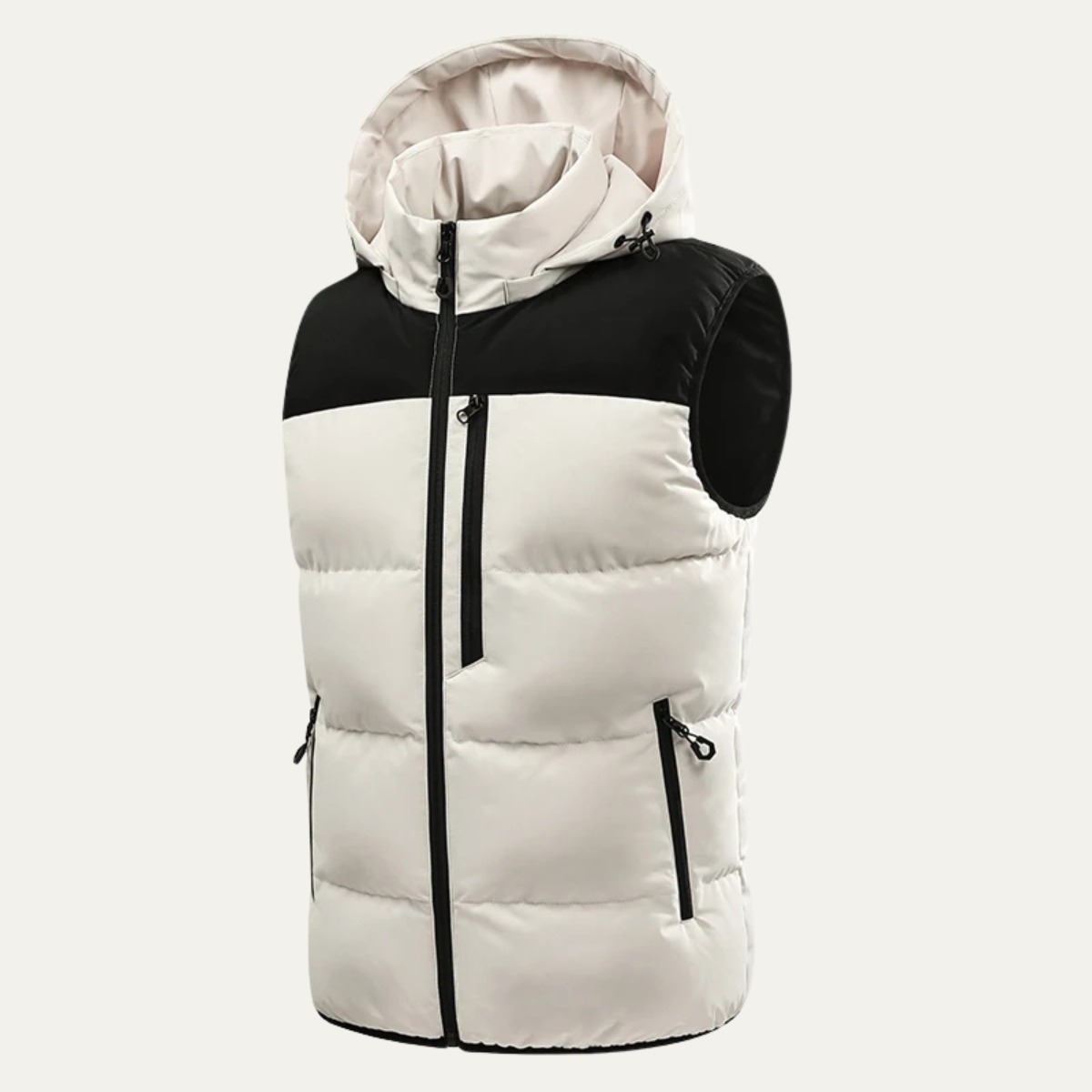 White hooded puffer vest for men.