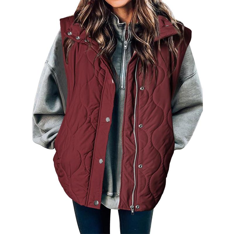 Burgundy oversized puffer vest for women.