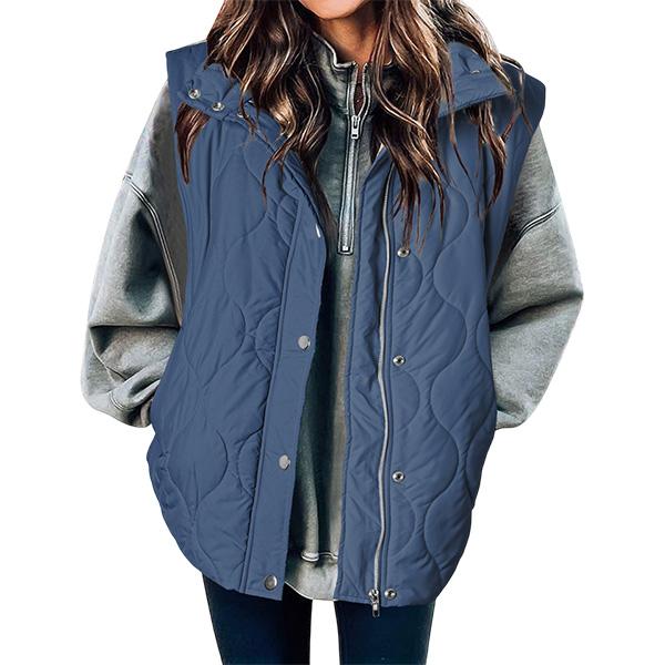 Denim Blue oversized puffer vest for women.