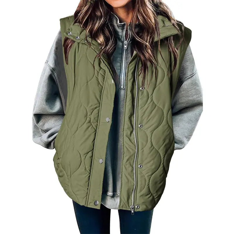 Olive Green oversized puffer vest for women.