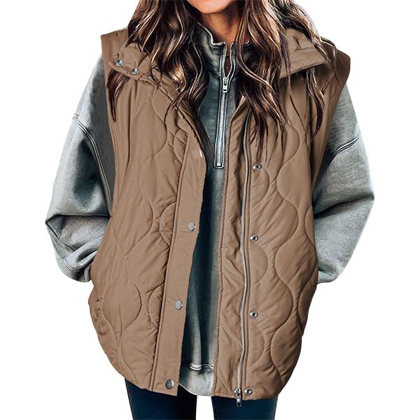 Tan oversized puffer vest for women.