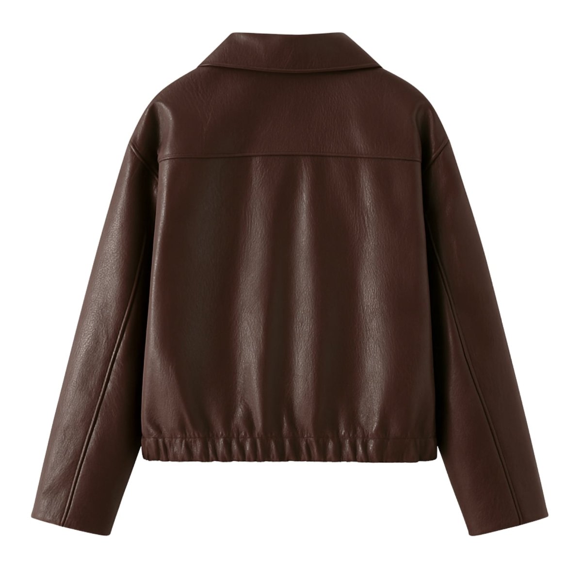 Woman wearing a cropped faux leather jacket