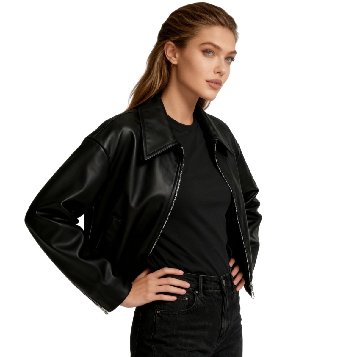 Woman wearing a cropped faux leather jacket