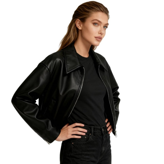 Woman wearing a cropped faux leather jacket