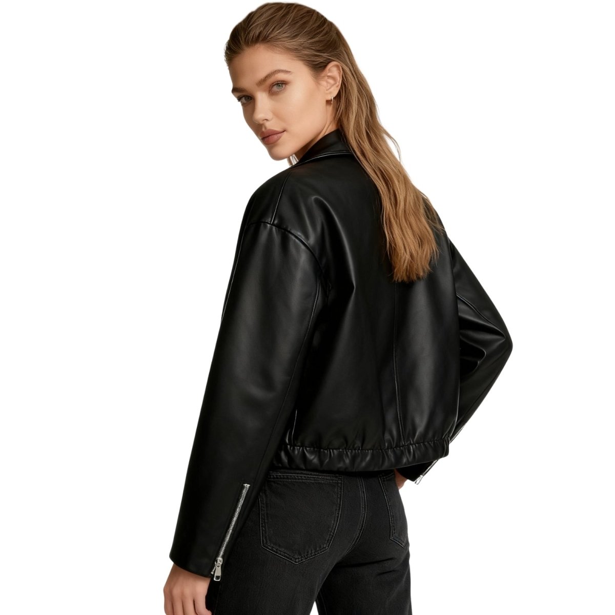 Woman wearing a cropped faux leather jacket
