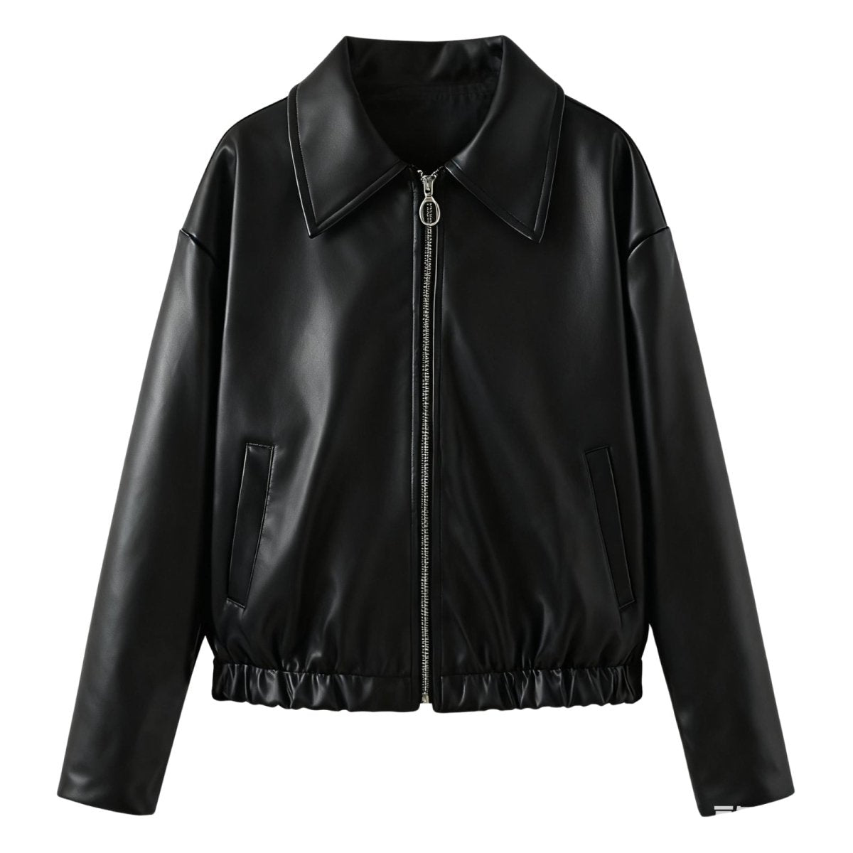 Woman wearing a cropped faux leather jacket