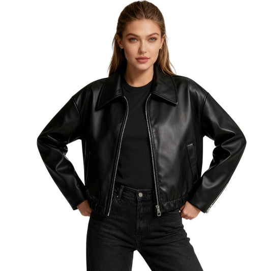 Woman wearing a cropped faux leather jacket