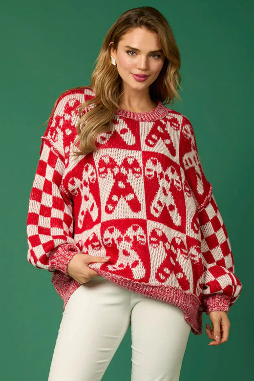 Woman wearing a gingerbread knit Christmas sweater