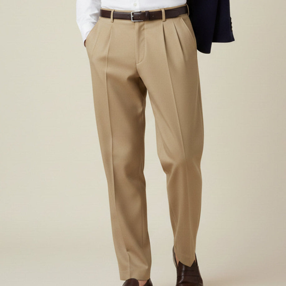 Man wearing formal pleated suit pants