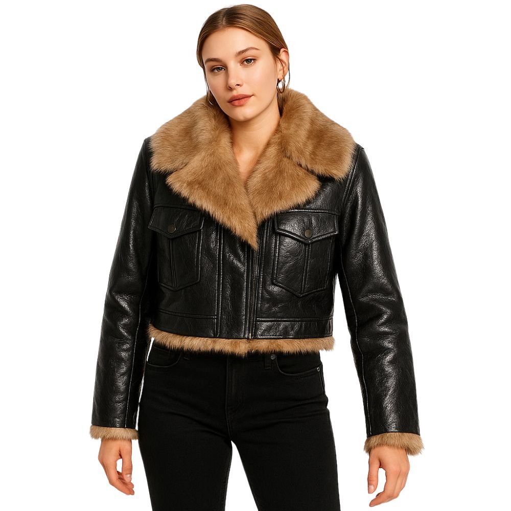 Woman wearing a cropped black faux leather aviator jacket with faux shearling collar