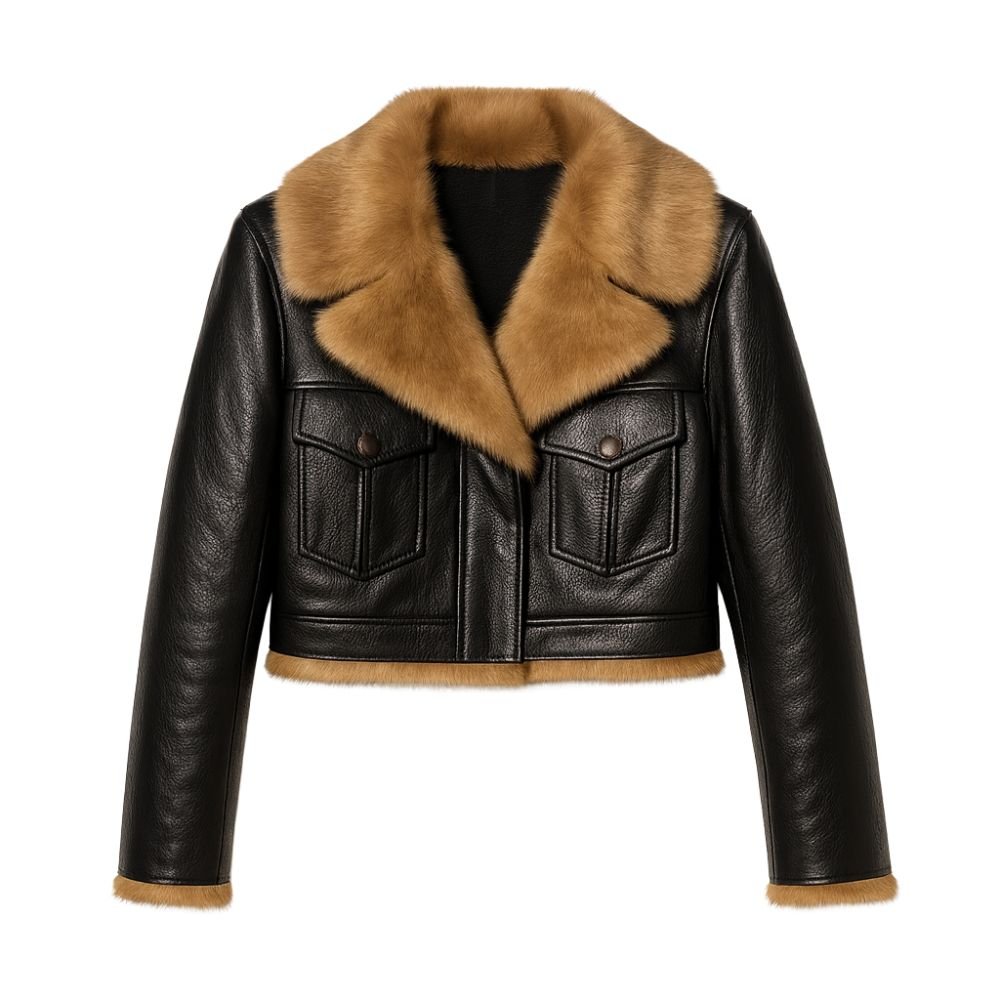 Woman wearing a cropped black faux leather aviator jacket with faux shearling collar