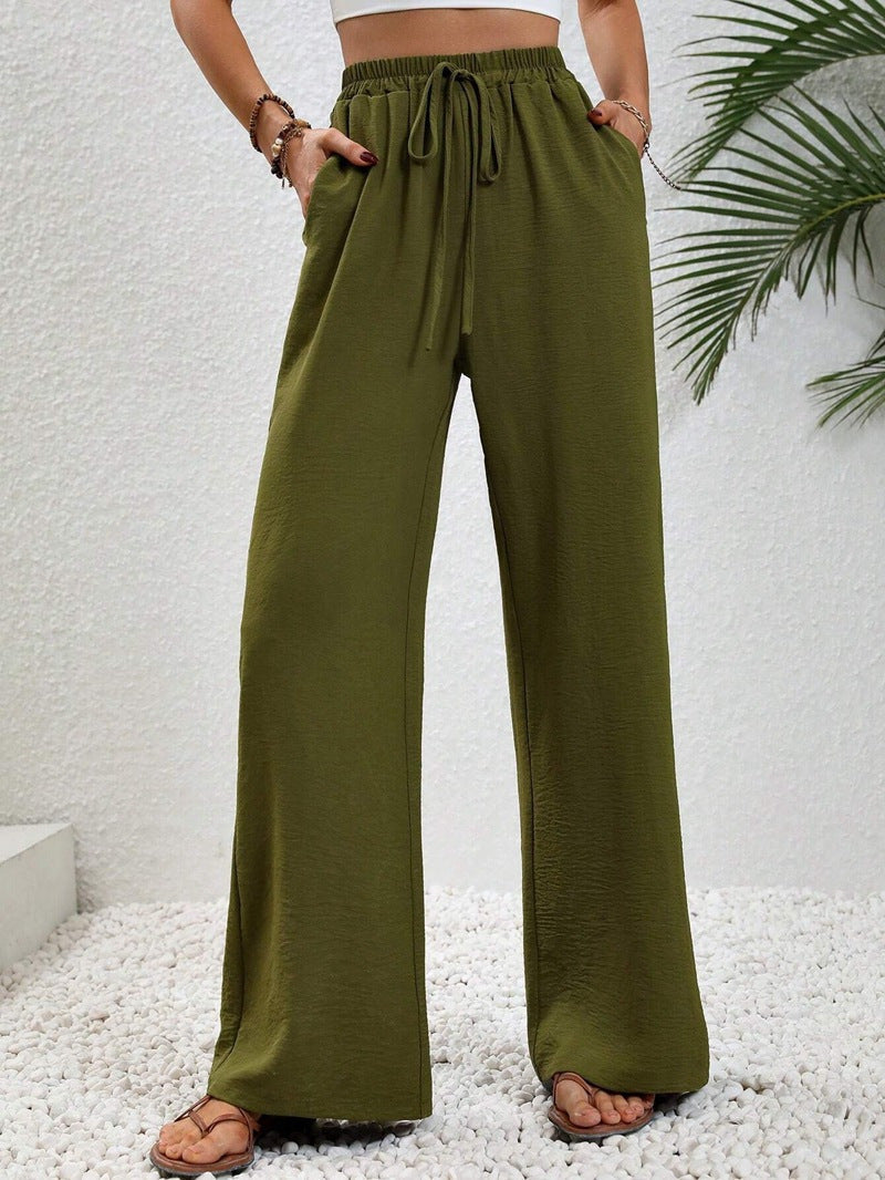 Woman wearing casual wide leg drawstring pants