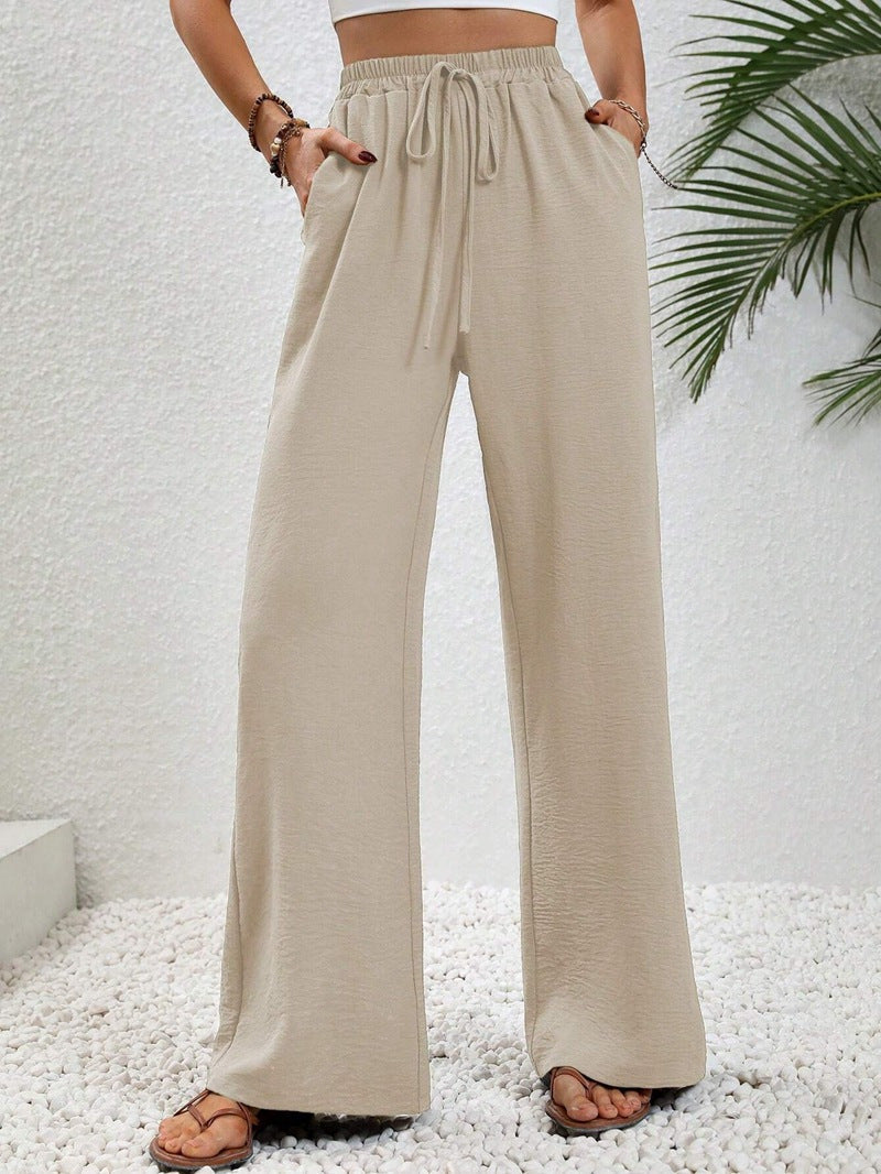 Woman wearing casual wide leg drawstring pants