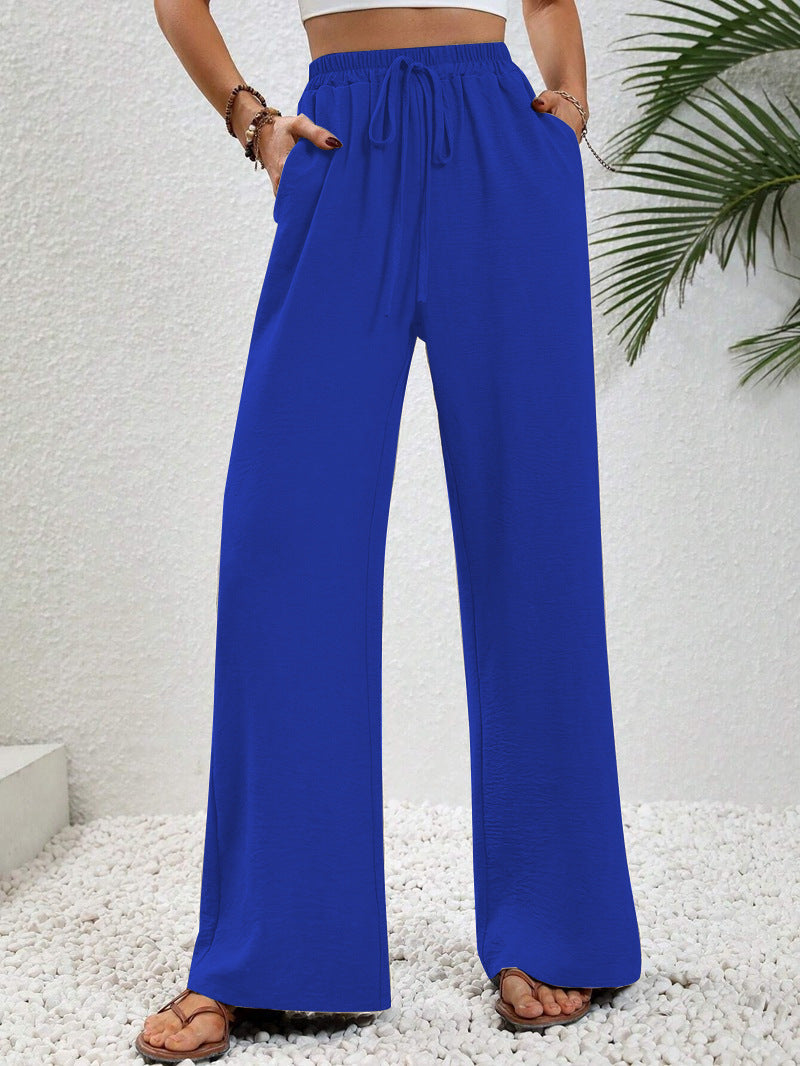 Woman wearing casual wide leg drawstring pants