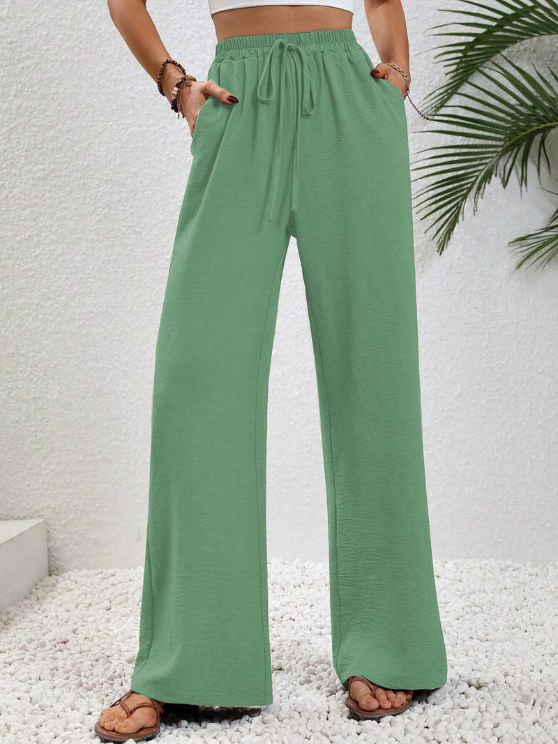 Woman wearing casual wide leg drawstring pants