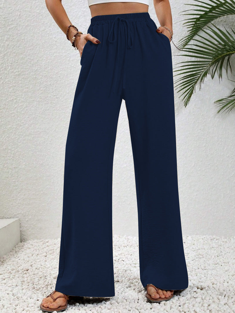 Woman wearing casual wide leg drawstring pants