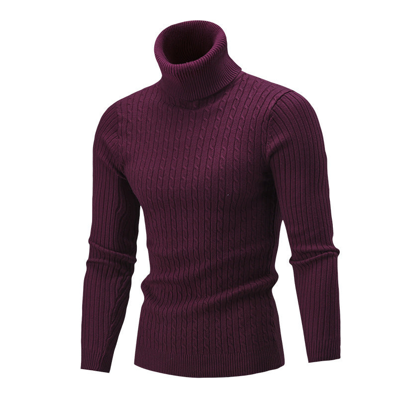 Burgundy ribbed turtleneck sweater for men.