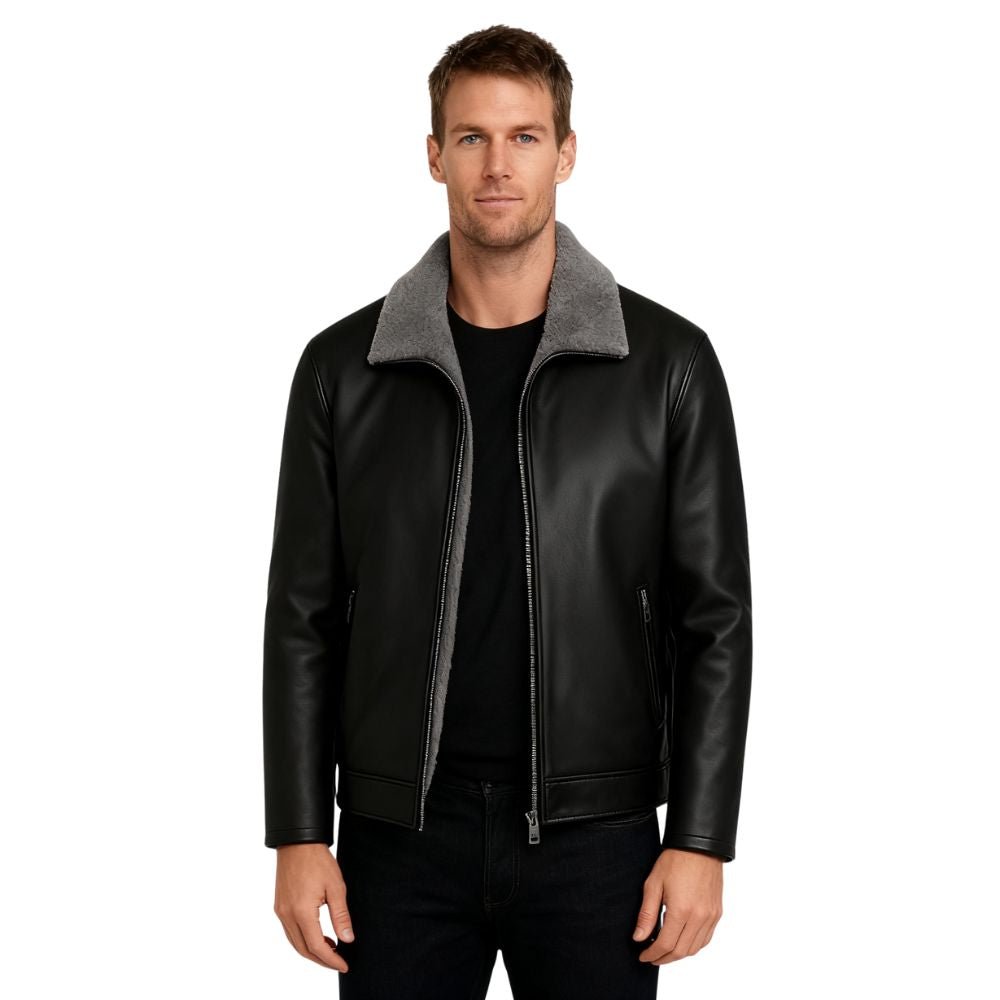 Man wearing a black leather aviator jacket with gray shearling collar