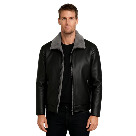 Man wearing a black leather aviator jacket with gray shearling collar