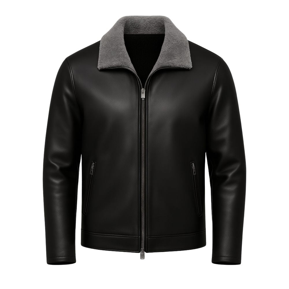 Man wearing a black leather aviator jacket with gray shearling collar
