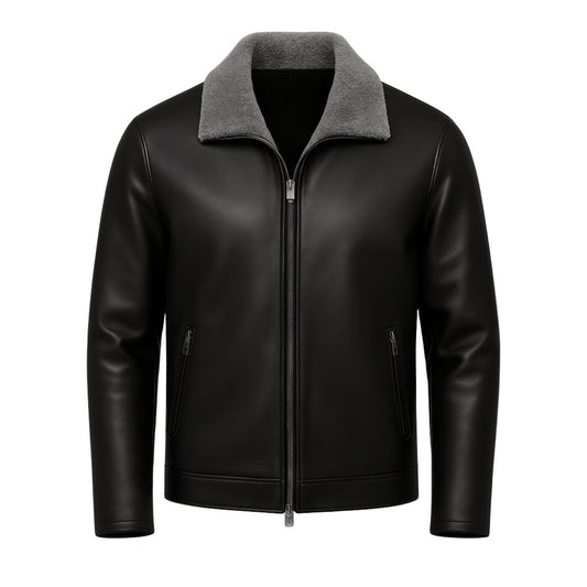 Man wearing a black leather aviator jacket with gray shearling collar