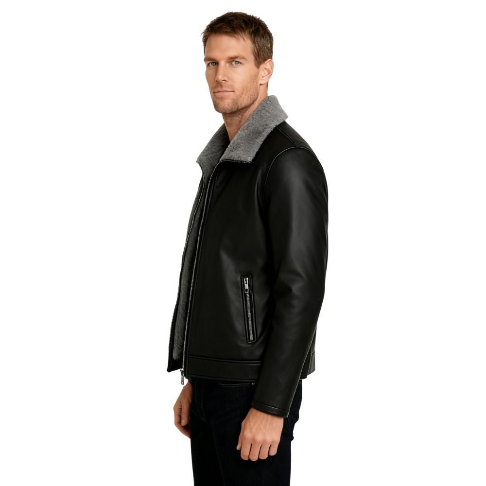 Man wearing a black leather aviator jacket with gray shearling collar