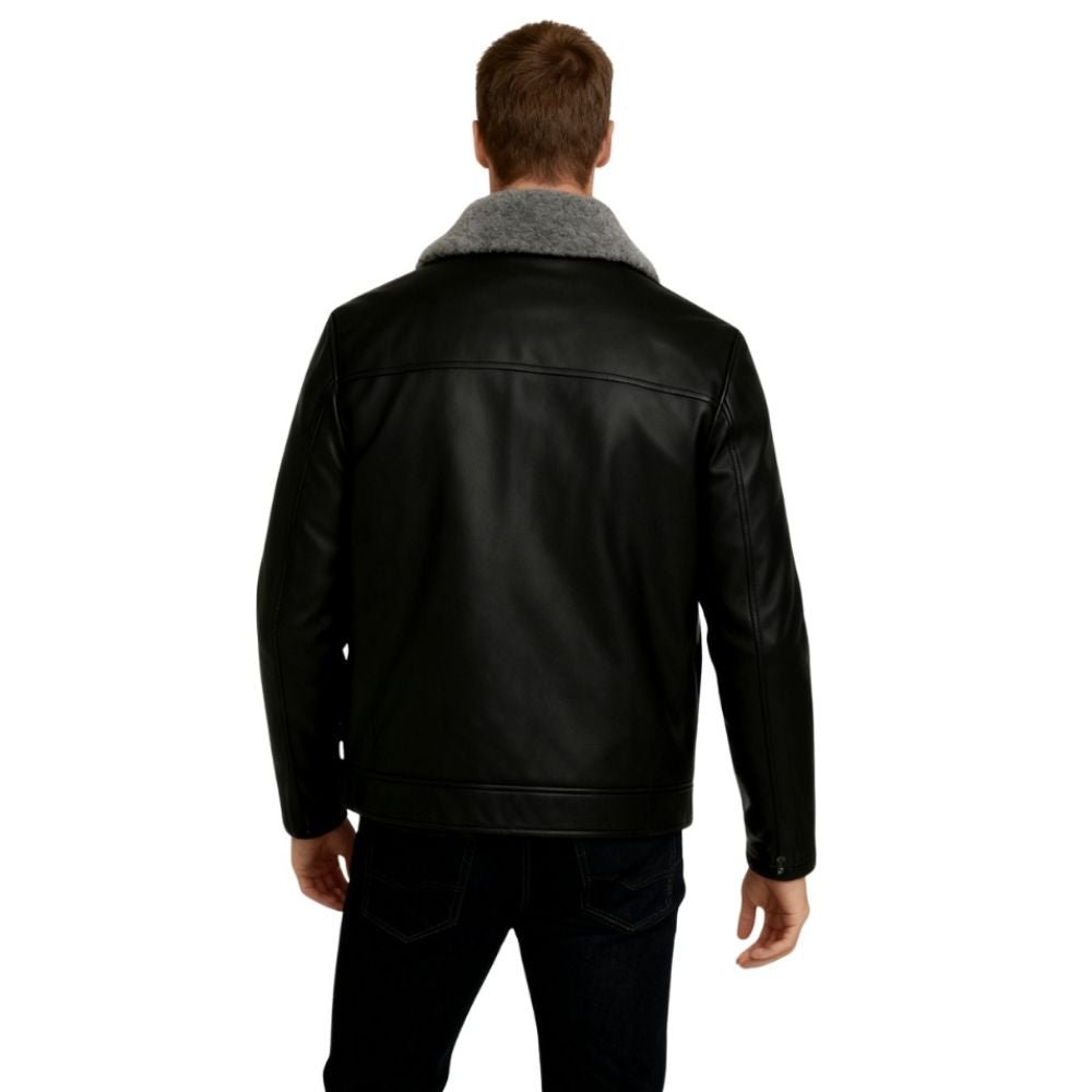 Man wearing a black leather aviator jacket with gray shearling collar