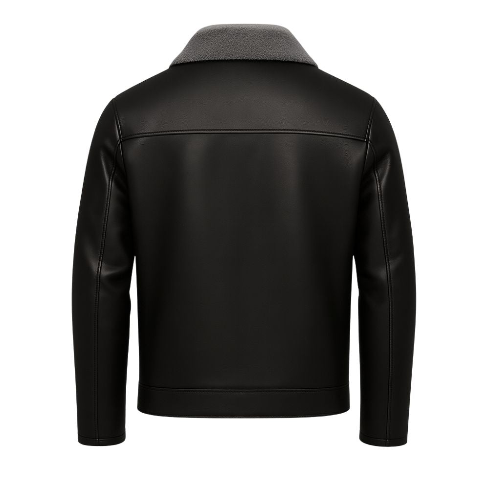 Man wearing a black leather aviator jacket with gray shearling collar