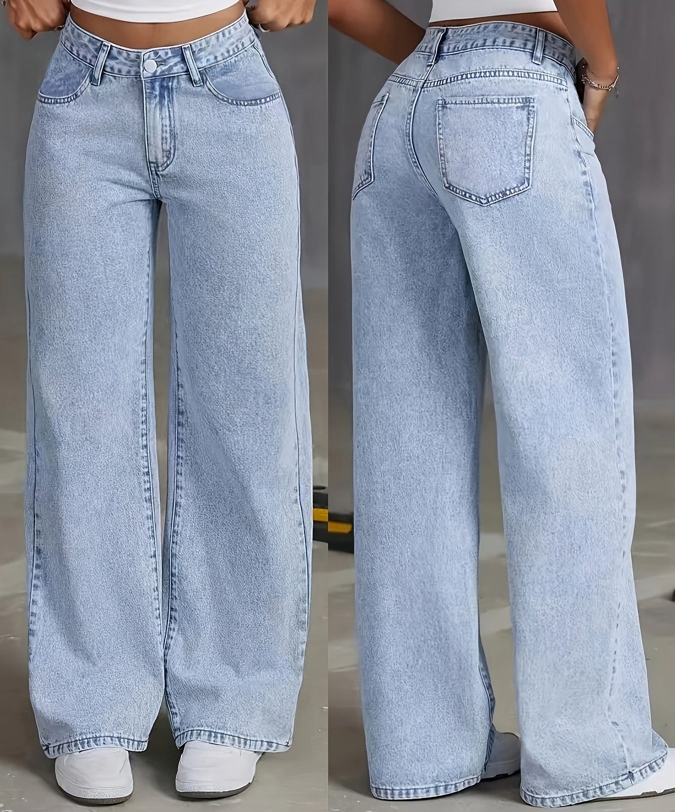 Woman wearing high waisted light wash wide leg jeans with five pocket styling